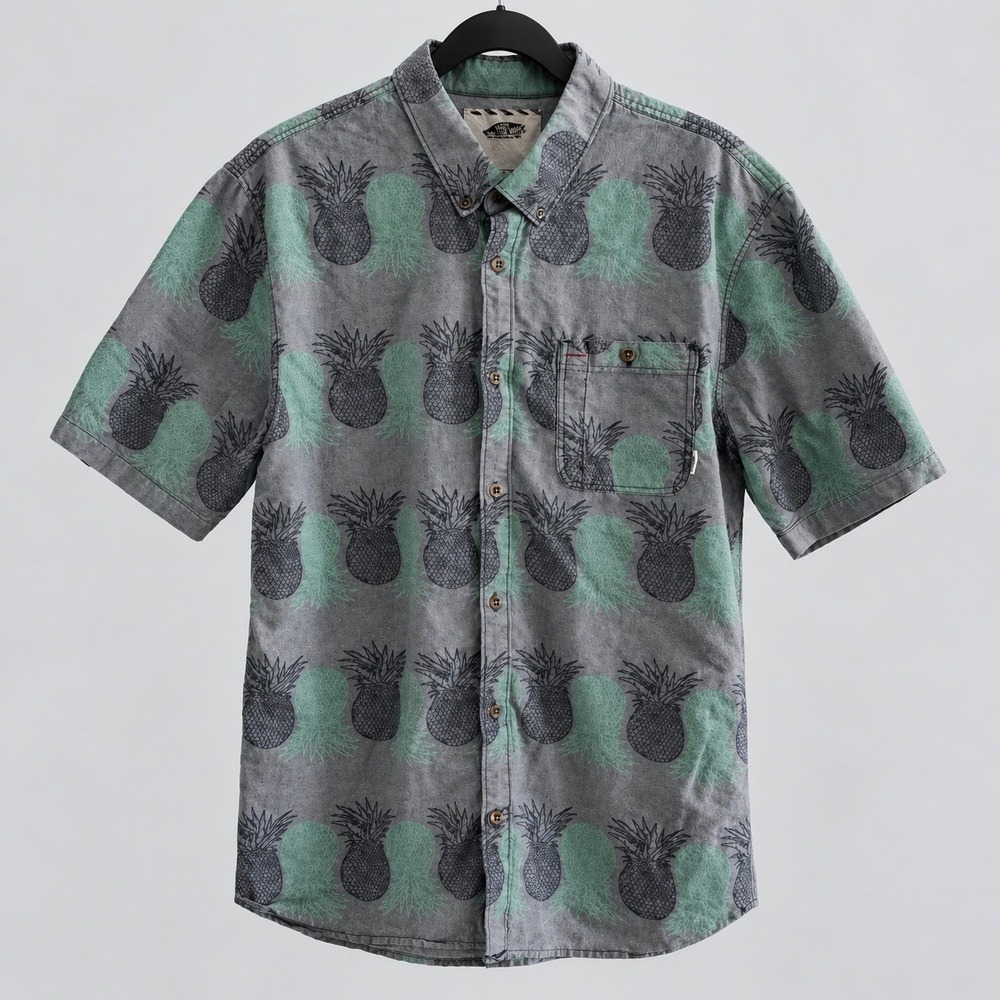 Vans Off The Wall Men's XL Gray Green Pineapple Short Sleeve Button Shirt
